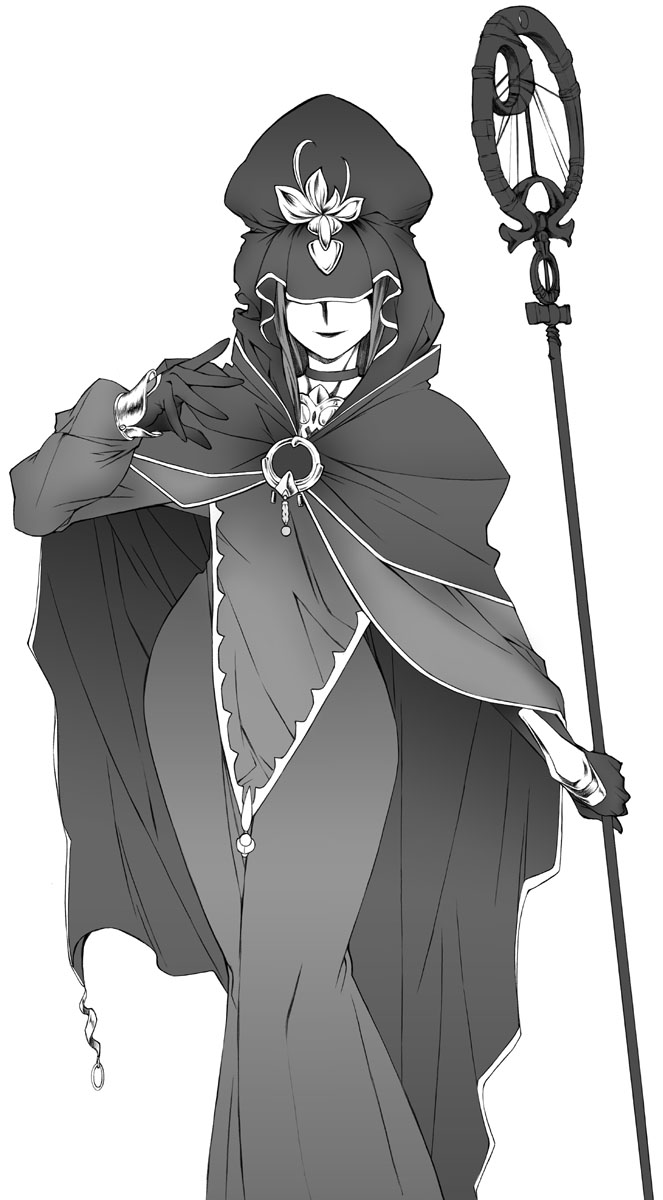 caster cloak dress fate/stay_night fate_(series) gloves greyscale highres hood long_dress monochrome solo staff yamaguchi_homupe