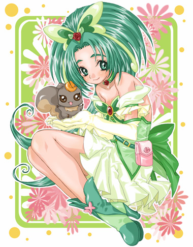 akimoto_komachi bare_shoulders bow brooch bug butterfly choker creature cure_mint dress flower full_body green_choker green_eyes green_hair high_heels insect jewelry long_hair lowres magical_girl maya+ nuts_(yes!_precure_5) polka_dot_border precure red_flower red_rose ribbon rose shoes smile solo yes!_precure_5