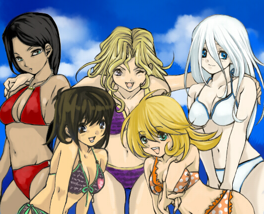 blonde dark_hair dark_magician_girl ishizu_ishtar kisara mai_kujaku mai_valentine mizugi white_hair yugioh