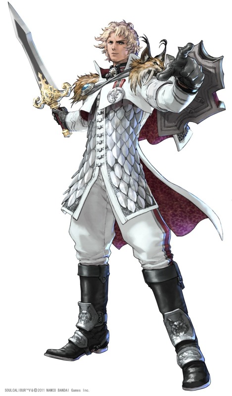 armor blonde_hair cape kawano_takuji male_focus official_art patroklos_alexander shield solo soulcalibur soulcalibur_v sword weapon