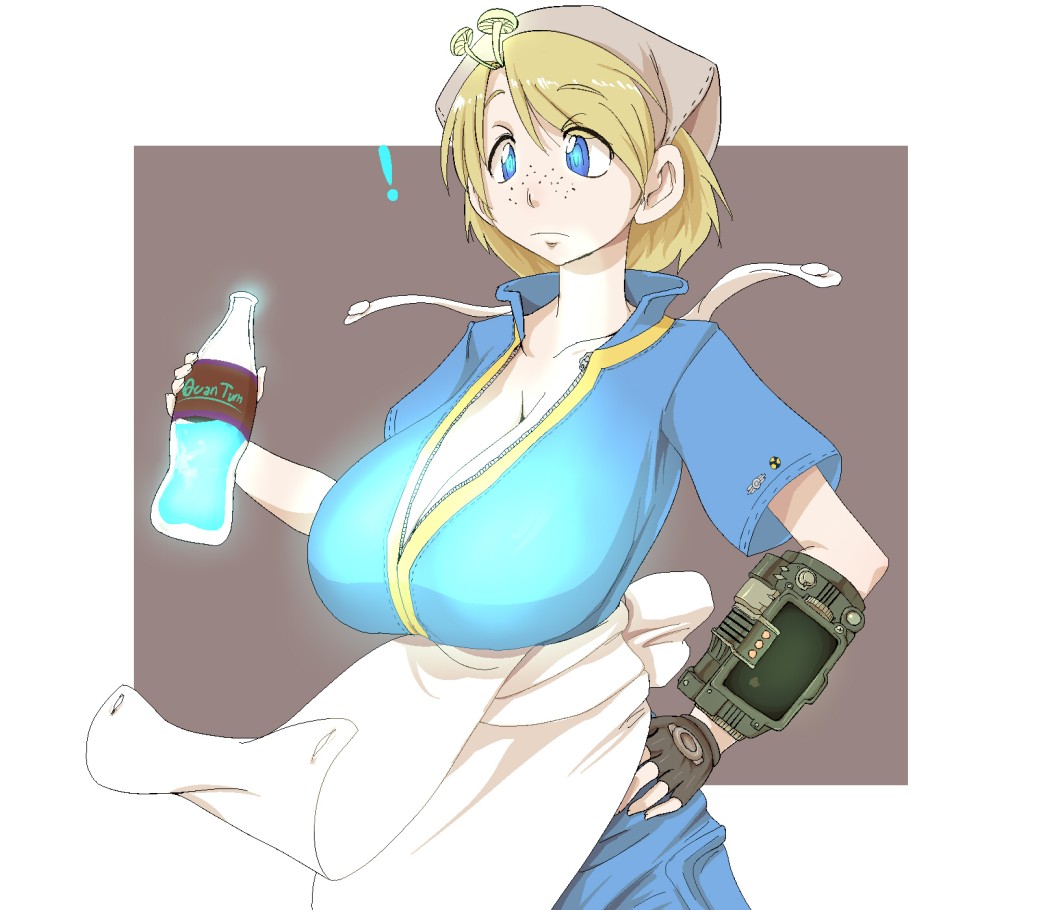 1girl blonde_hair blue_eyes bottle breast_expansion breasts cleavage fallout fallout_3 freckles futaba_channel hand_on_hip higuma holding holding_bottle huge_breasts jumpsuit lone_wanderer mushroom nijiura_maids nuka_cola nuka_cola_quantum original pip_boy sagging_breasts short_hair solo vault_suit