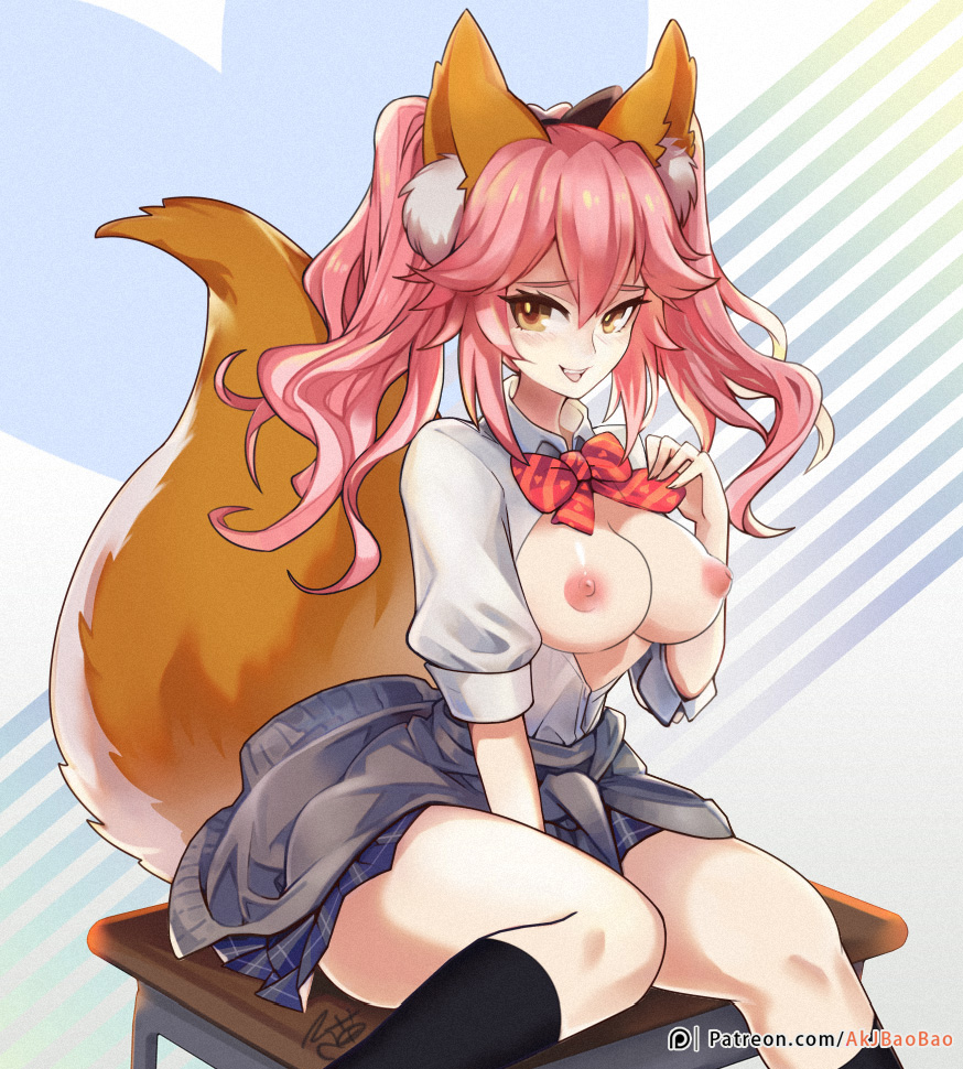 aa2233a alternate_costume animal_ear_fluff animal_ears black_ribbon blush breasts breasts_outside clothes_around_waist fate/extella fate/extra fate/grand_order fate_(series) fox_ears fox_tail hair_ribbon jacket_around_waist large_breasts long_hair looking_at_viewer nipples open_mouth patreon_logo patreon_username pink_hair ribbon school_uniform shirt sitting skirt solo tail tamamo_(fate)_(all) tamamo_jk_(fate) twintails unbuttoned yellow_eyes