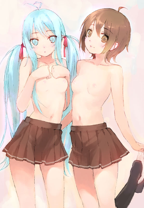 ahoge alternate_hairstyle blue_eyes blue_hair breasts brown_eyes brown_hair denpa_onna_to_seishun_otoko kage_yuu long_hair looking_at_viewer mifune_ryuuko multiple_girls nipples panties panties_around_one_leg parted_lips short_hair skirt small_breasts smile topless touwa_erio twintails underwear undressing very_long_hair white_panties