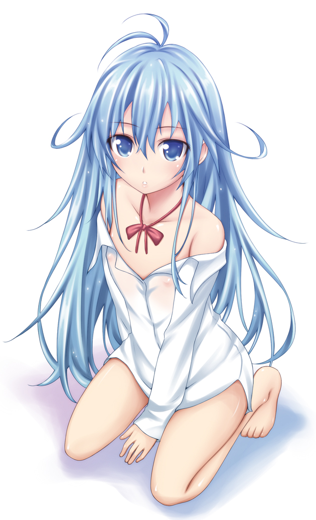 :o ahoge antenna_hair bad_id bad_pixiv_id bare_legs bare_shoulders barefoot big_wednesday blue_eyes blue_hair bow denpa_onna_to_seishun_otoko flat_chest kneeling long_hair nipples off_shoulder open_clothes open_mouth open_shirt see-through shirt solo touwa_erio wet wet_clothes wet_shirt