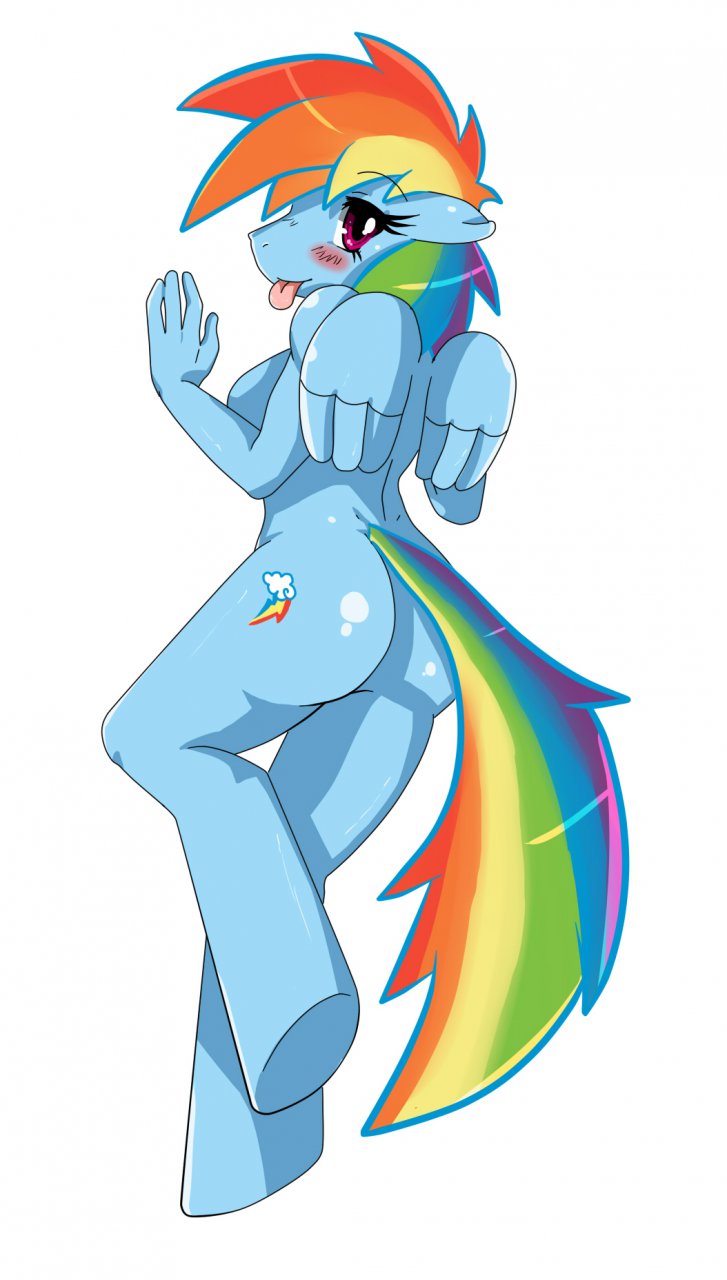 anthro anthrofied blue blue_body blush butt equine female friendship_is_magic hair horse looking_at_viewer looking_back mammal multi-colored_hair my_little_pony pegasus pink_eyes plain_background pony rainbow_dash_(mlp) rainbow_hair rule_34 solo sssonic2 standing tail tongue white_background wings