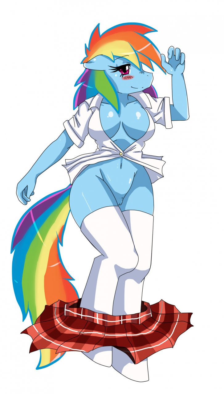 anthro anthrofied blue blue_body blush breasts cleavage clothed clothing equine female friendship_is_magic hair hooves horse legwear looking_at_viewer mammal multi-colored_hair my_little_pony pink_eyes plain_background pony pussy rainbow_dash_(mlp) rainbow_hair rule_34 shirt skirt solo sssonic2 standing stockings unbuttoned_shirt white_background wings