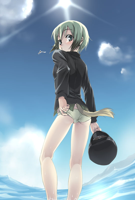 adjusting_clothes adjusting_panties ass blonde_hair blue_eyes erica_hartmann looking_back multicolored_hair panties satou_atsuki solo strike_witches tail two-tone_hair underwear water whistling world_witches_series