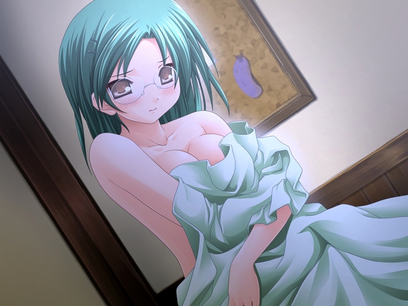 bed blush green_hair megane nude oppai