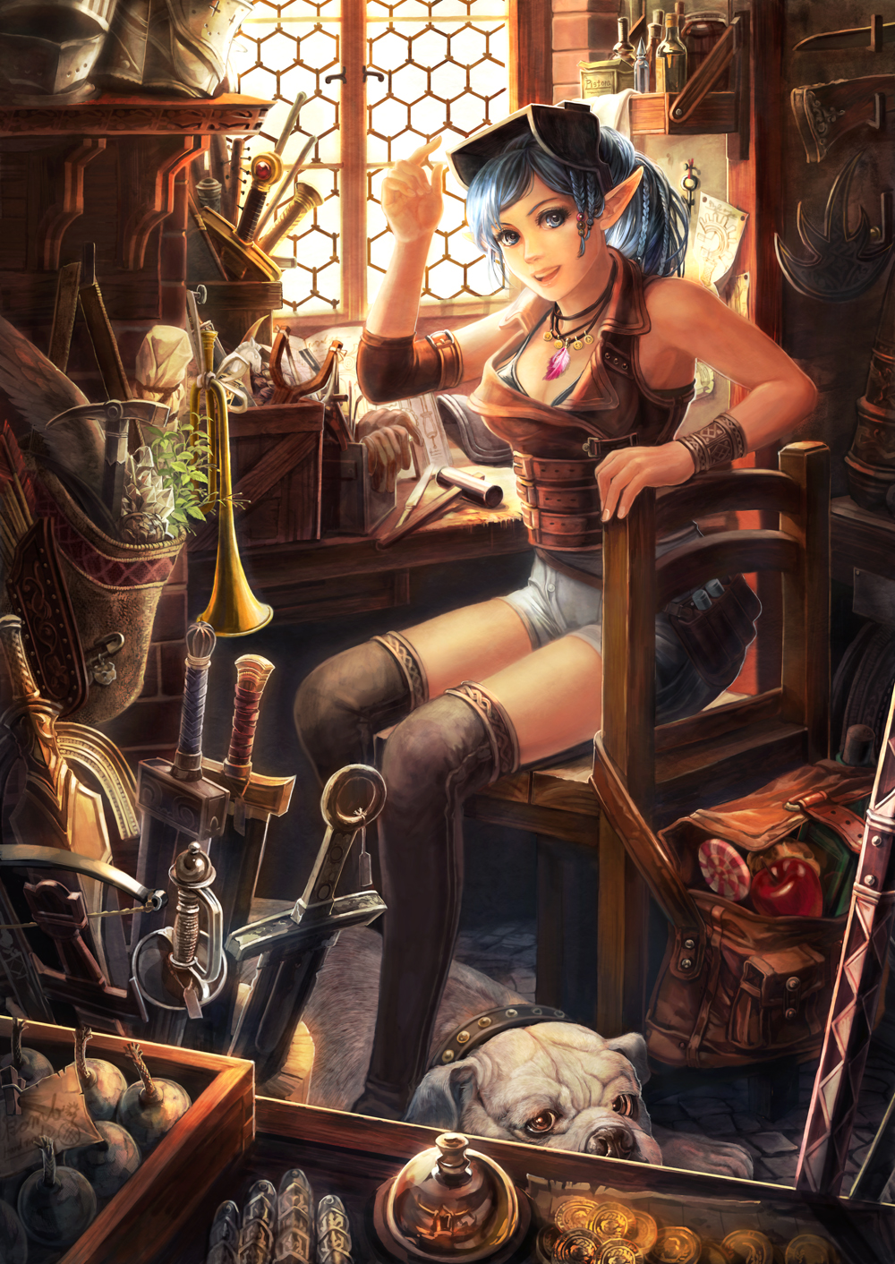 apple bag blue_eyes blue_hair bomb braid bugle candy coin collar dog food fruit highres jewelry lollipop necklace original pointy_ears shop shorts slingshot solo sword thighhighs umedama_riko weapon weapon_shop