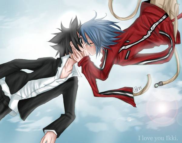 air_gear black_eyes black_hair blue_hair chin_grab closed_eyes cloud eyepatch flying jacket kiss lens_flare male_focus minami_itsuki multiple_boys non-web_source single_vertical_stripe sky spiked_hair surprised track_jacket wanijima_akito yaoi