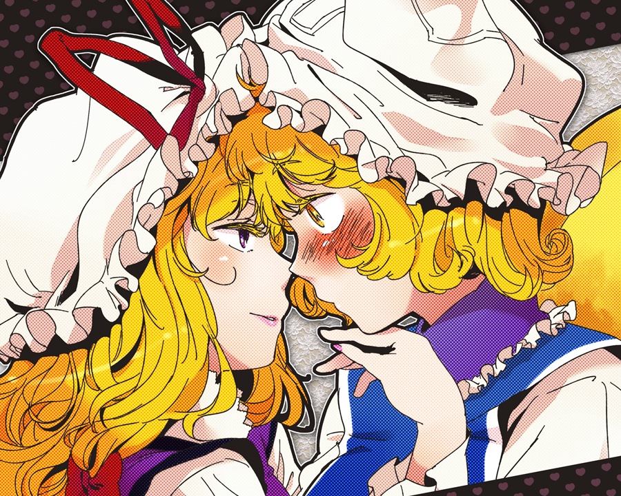 bad_id bad_pixiv_id blonde_hair blush chin_grab eye_contact face face-to-face hat imminent_kiss light_smile long_hair looking_at_another multiple_girls profile purple_eyes short_hair touhou yakumo_ran yakumo_yukari yellow_eyes yukataro yuri