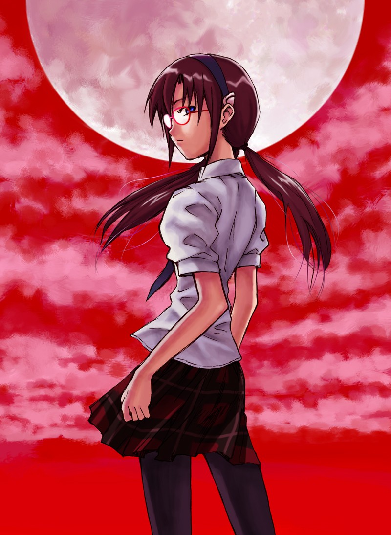 blouse blue_eyes brown_hair cloud hairband long_hair low_twintails makinami_mari_illustrious megane moon necktie neon_genesis_evangelion pantyhose plaid_skirt rebuild_of_evangelion red school_uniform skirt sky tartan yarisugi