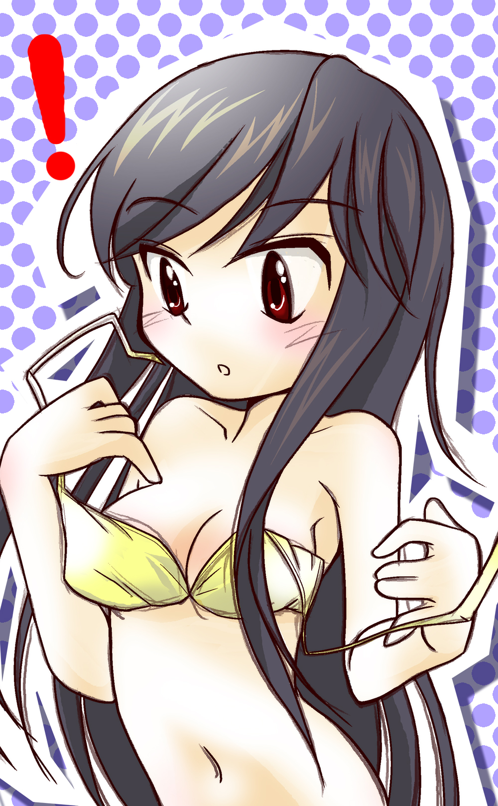 a_channel bikini black_hair blush brown_eyes collarbone highres kuon_mochiaki long_hair midriff navel nishi_yuuko open_mouth solo surprised swimsuit tsurime wardrobe_malfunction