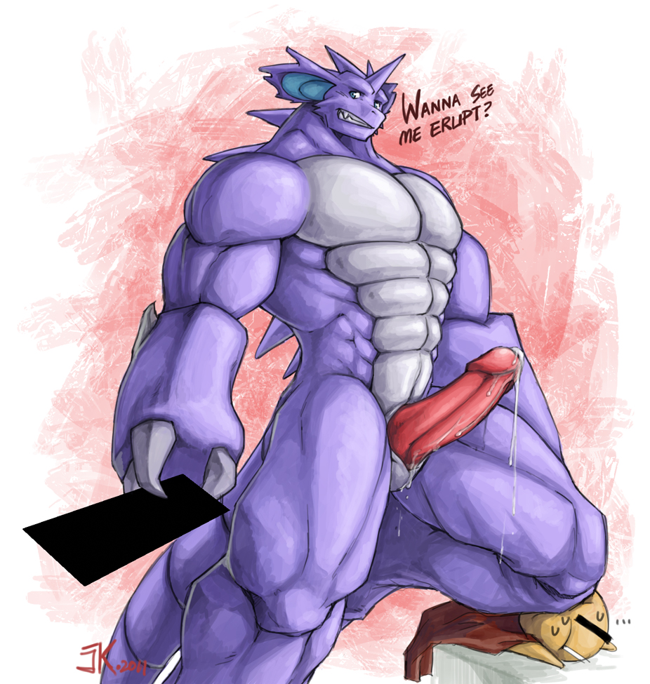 2011 abs anthro biceps big_penis censor_bar censorman claws erection holding_censor_bar horn horns huge_muscles kuron leaking male muscles nidoking nidoking_used_horn_polish nintendo pecs penis pok&#233;mon pok&eacute;mon precum solo syrinox the_end_of_the_world_is_nigh thick_penis vein video_games