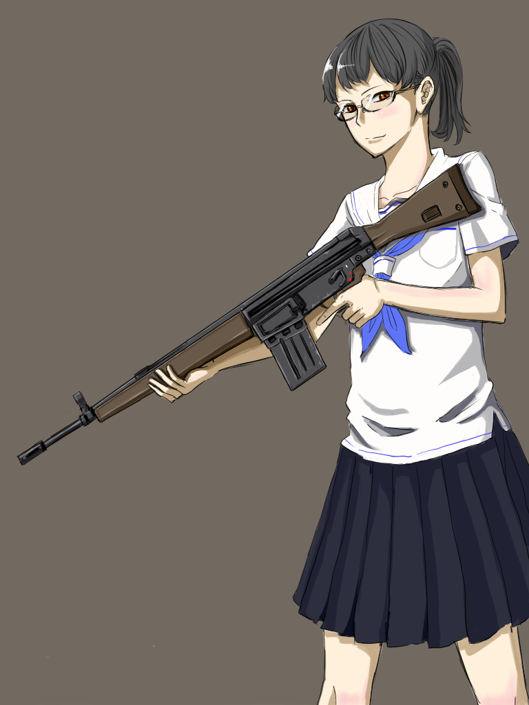 black_hair brown_eyes g3 gun megane neil_(artist) ponytail school_uniform serafuku skirt