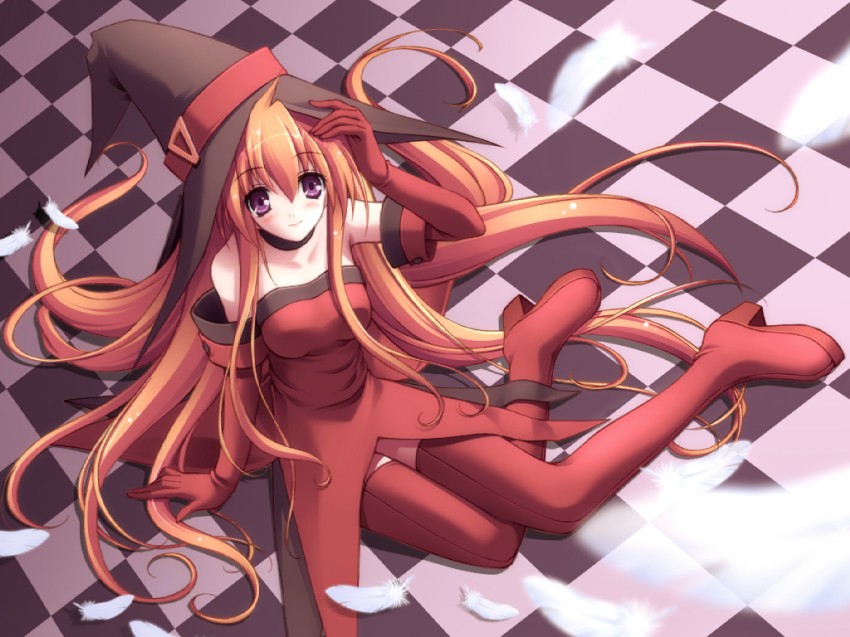 blush choker elbow_gloves feathers gloves orange_hair purple_eyes sitting smile thigh-high_boots very_long_hair witch witch_hat