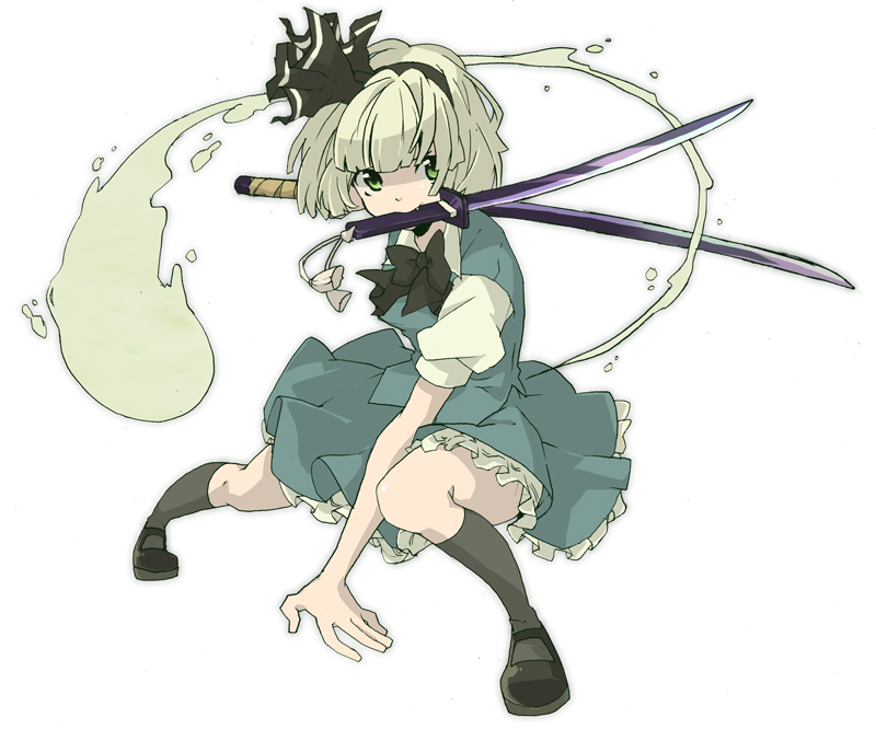 black_hairband black_legwear bow bowtie dual_wielding fangs full_body ghost green_eyes hair_ribbon hairband hirasaka_ine holding katana konpaku_youmu konpaku_youmu_(ghost) mary_janes mouth_hold petticoat ribbon shoes silver_hair simple_background skirt socks solo sword tassel touhou vest weapon