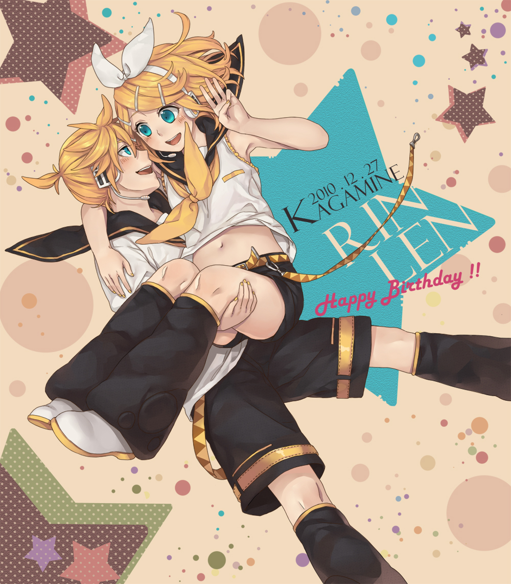 1girl aqua_eyes bad_id bad_pixiv_id bare_shoulders belt birthday blonde_hair blush brother_and_sister carrying detached_sleeves formalin hair_ornament hair_ribbon hairclip happy_birthday headphones kagamine_len kagamine_rin leg_warmers nail_polish navel open_mouth ponytail princess_carry ribbon sailor_collar short_hair shorts siblings smile twins vocaloid