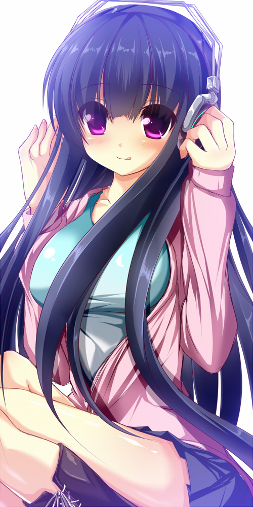 :q black_hair bloom blush closed_mouth commentary_request disconnected_mouth hands_on_headphones headphones long_hair looking_at_viewer original purple_eyes smile solo syroh tongue tongue_out very_long_hair