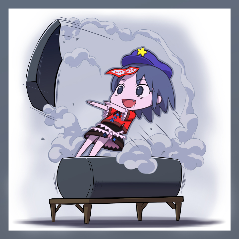 ah-negitorow blue_eyes blue_hair coffin drooling expressive_clothes fang hat jiangshi lid miyako_yoshika ofuda open_mouth outstretched_arms pale_skin saliva short_hair skirt smile smoke solo star touhou translated zombie_pose