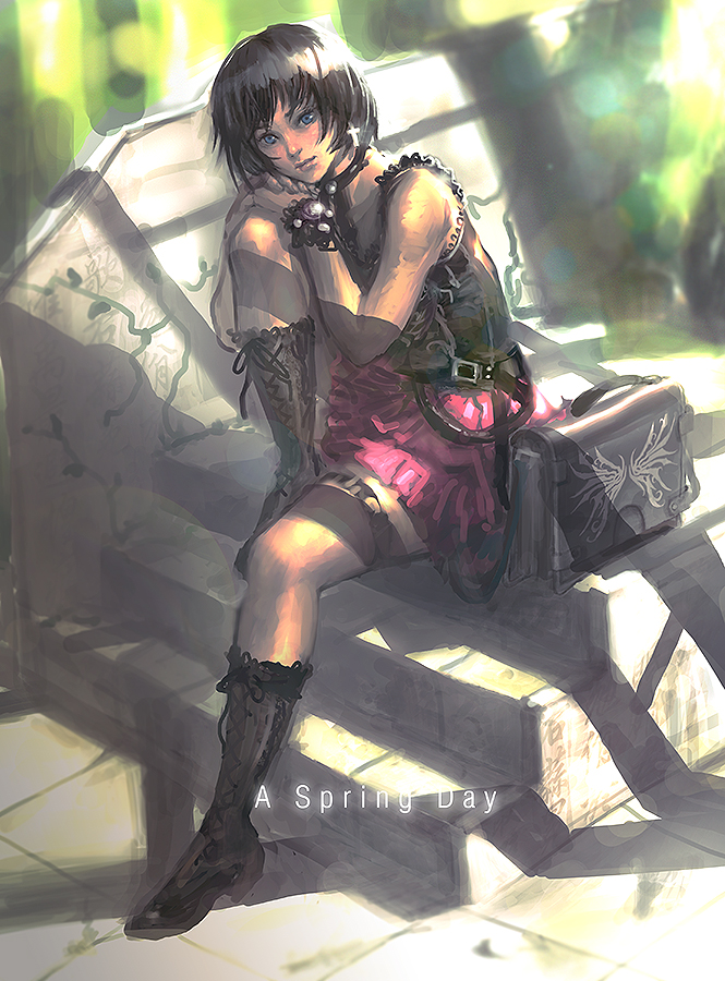 bad_id bad_pixiv_id bag blue_eyes bookbag brown_hair cross earrings jewelry kilart original short_hair skirt solo