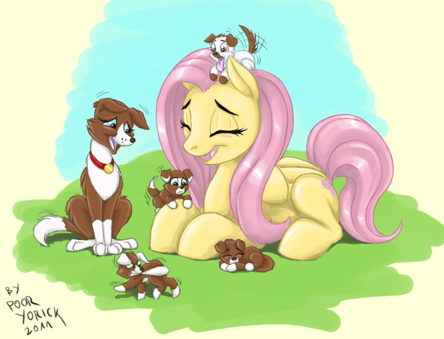 canine collar cute dog equine eyes_closed female feral fluttershy_(mlp) friendship_is_magic hair lying mammal my_little_pony pegasus pink_hair poor_yorick puppies simple_background sleeping wings winona_(mlp)