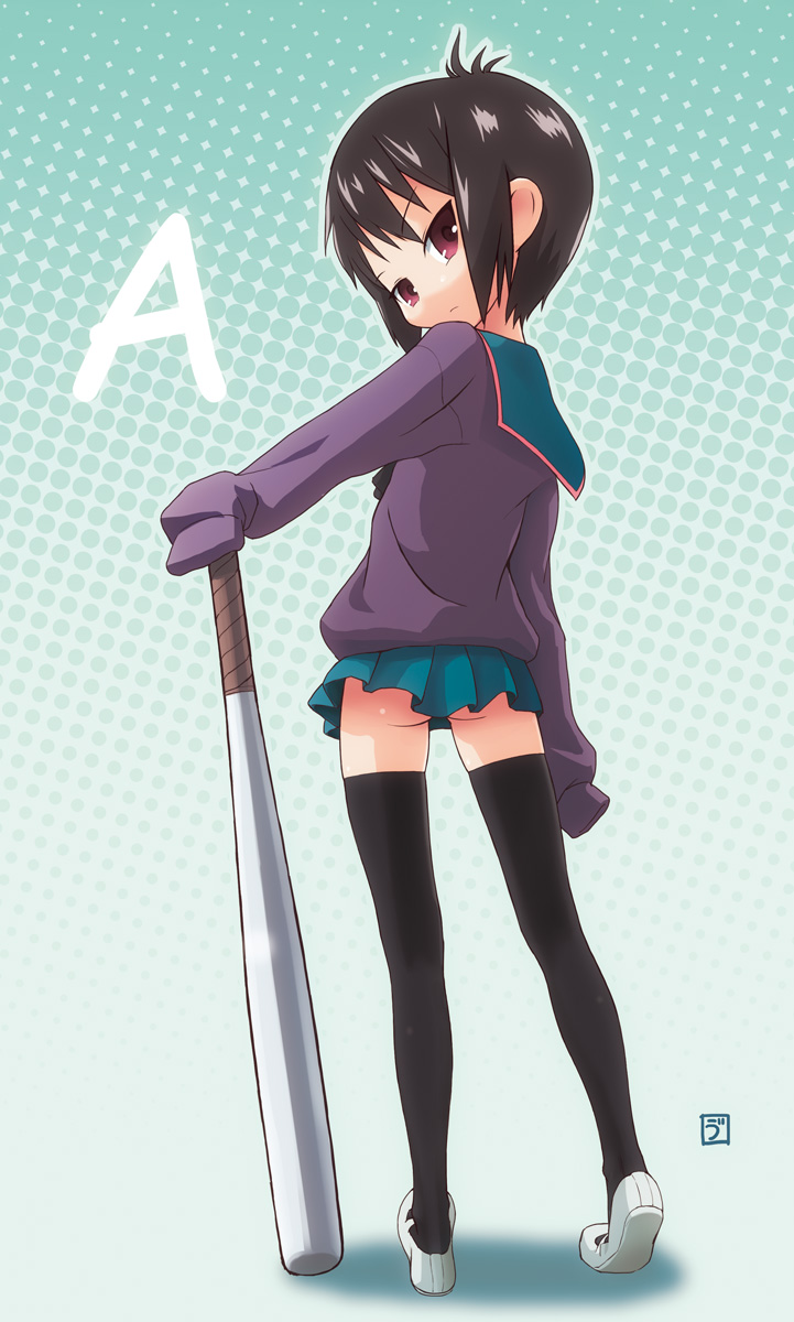 a_channel ass baseball_bat black_hair brown_eyes highres ichii_tooru looking_back no_panties short_hair skirt sleeves_past_fingers sleeves_past_wrists solo sweater thighhighs uni_tenten zettai_ryouiki