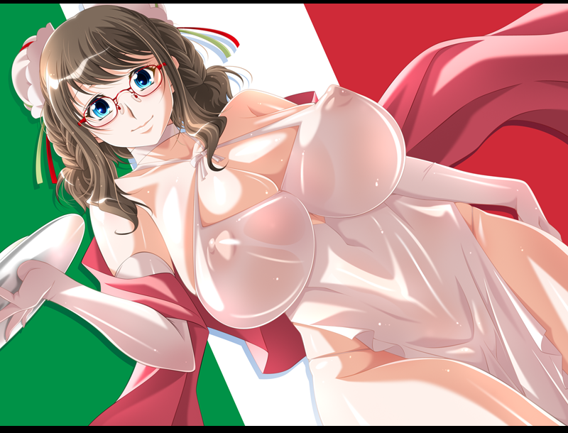 aoi_nagisa_(metalder) breasts brown_hair bun_cover covered_nipples datsui_mahjong_battle_royal_48 flag flag_background game_cg glasses italian_flag large_breasts laura_(battle_royal_4) letterboxed see-through solo techgian