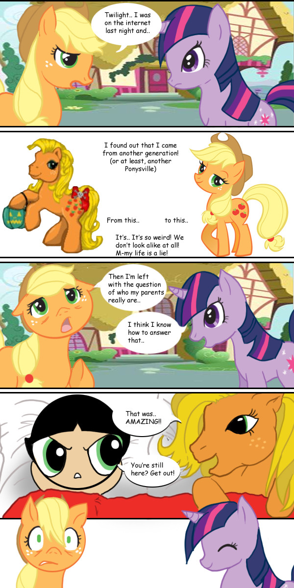 applejack_(mlp) bed breaking_the_fourth_wall buttercup_(powerpuff_girls) comic crossover cutie_mark equine eyes_closed female feral friendship_is_magic g1 green_eyes horn horse human implied_sex life_is_a_lie mammal my_little_pony o_o parentage pony powerpuff_girls shocked smile twilight_sparkle_(mlp) unicorn unknown_artist