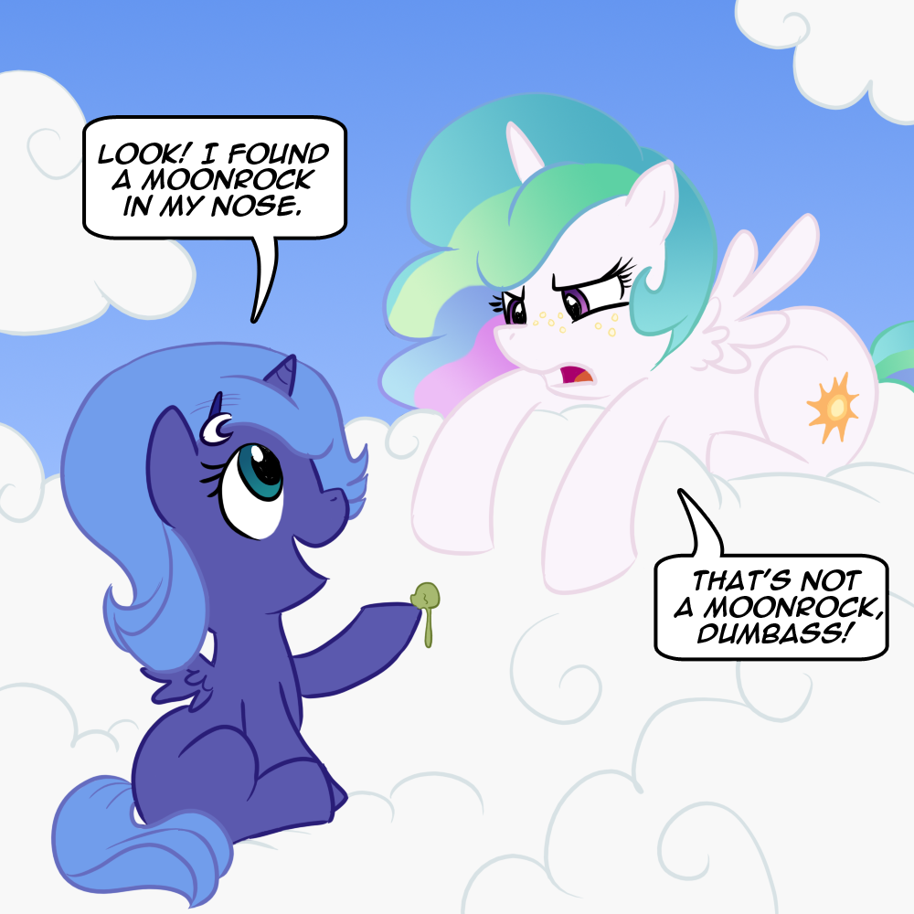 alicorn cub cutie_mark dialog disgust duo english_text equine female feral friendship_is_magic horn mammal mean my_little_pony princess princess_celestia_(mlp) princess_luna_(mlp) royalty sibling sisters snot text unknown_artist winged_unicorn wings young younger