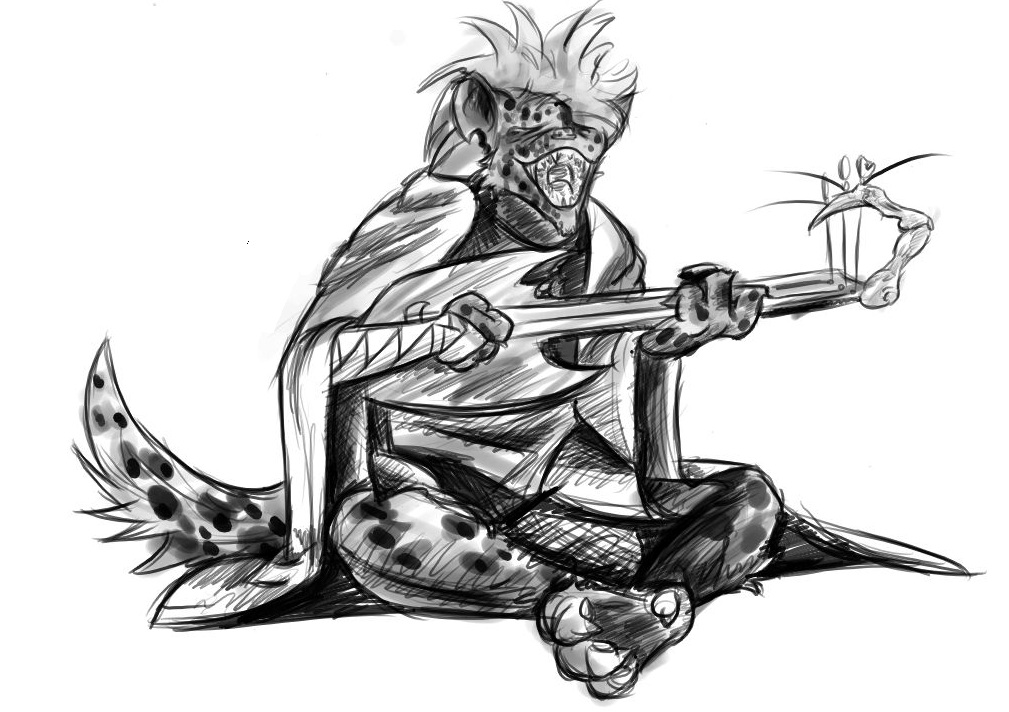 black_and_white eyes_closed gnoll gnollbard greyscale hyena lute male mammal monochrome plain_background singing sitting skipdbeetz solo white_background