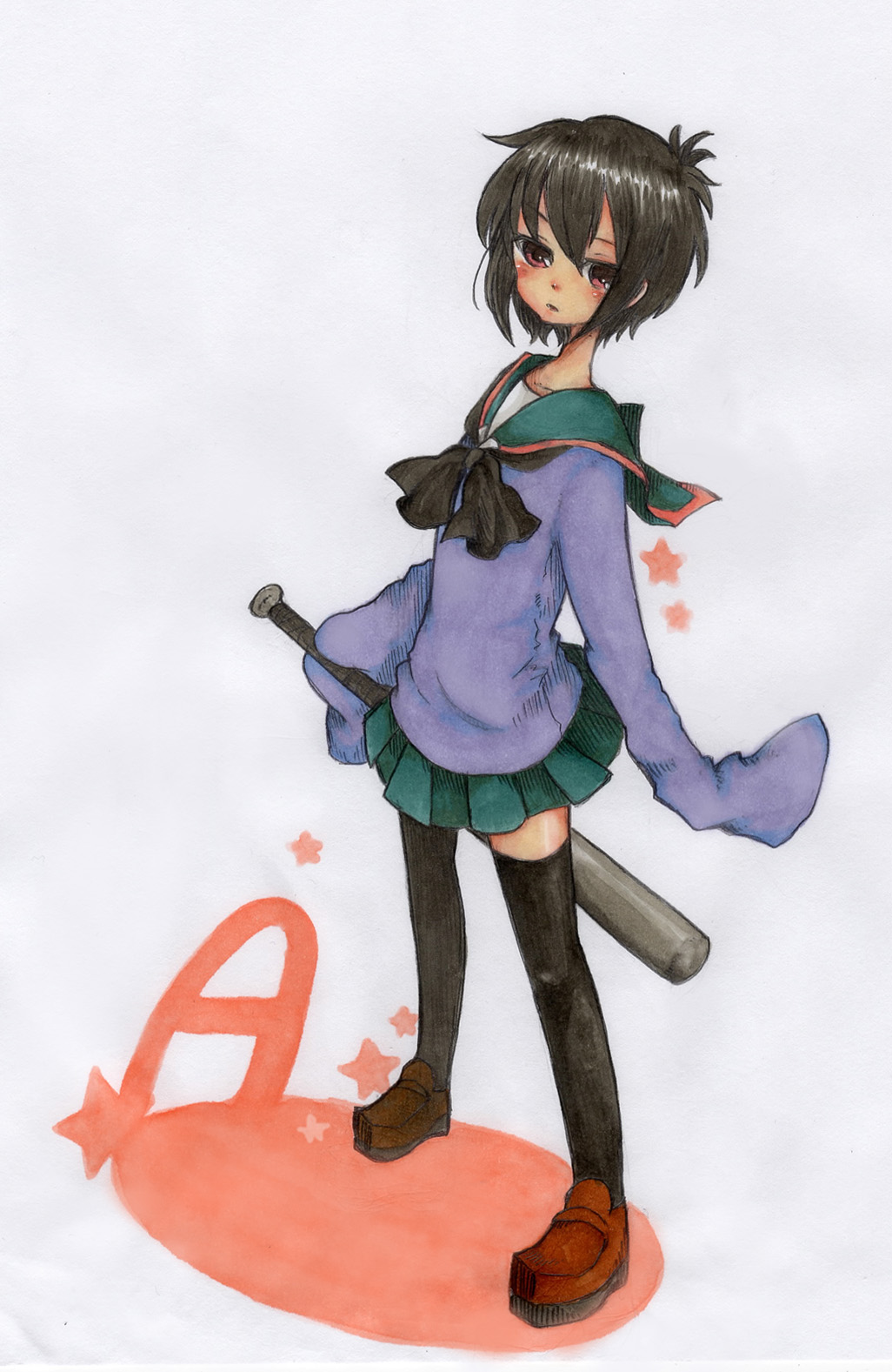 a_channel bad_id bad_pixiv_id baseball_bat black_hair black_legwear blush highres ichii_tooru red_eyes school_uniform serafuku short_hair skirt sleeves_past_wrists solo star sweater thighhighs zettai_ryouiki