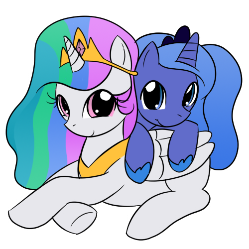 alicorn duo equine female feral friendship_is_magic horn horse kloudmutt mammal my_little_pony plain_background pony princess princess_celestia_(mlp) princess_luna_(mlp) royalty sibling sister sisters unknown_artist white_background winged_unicorn wings younger