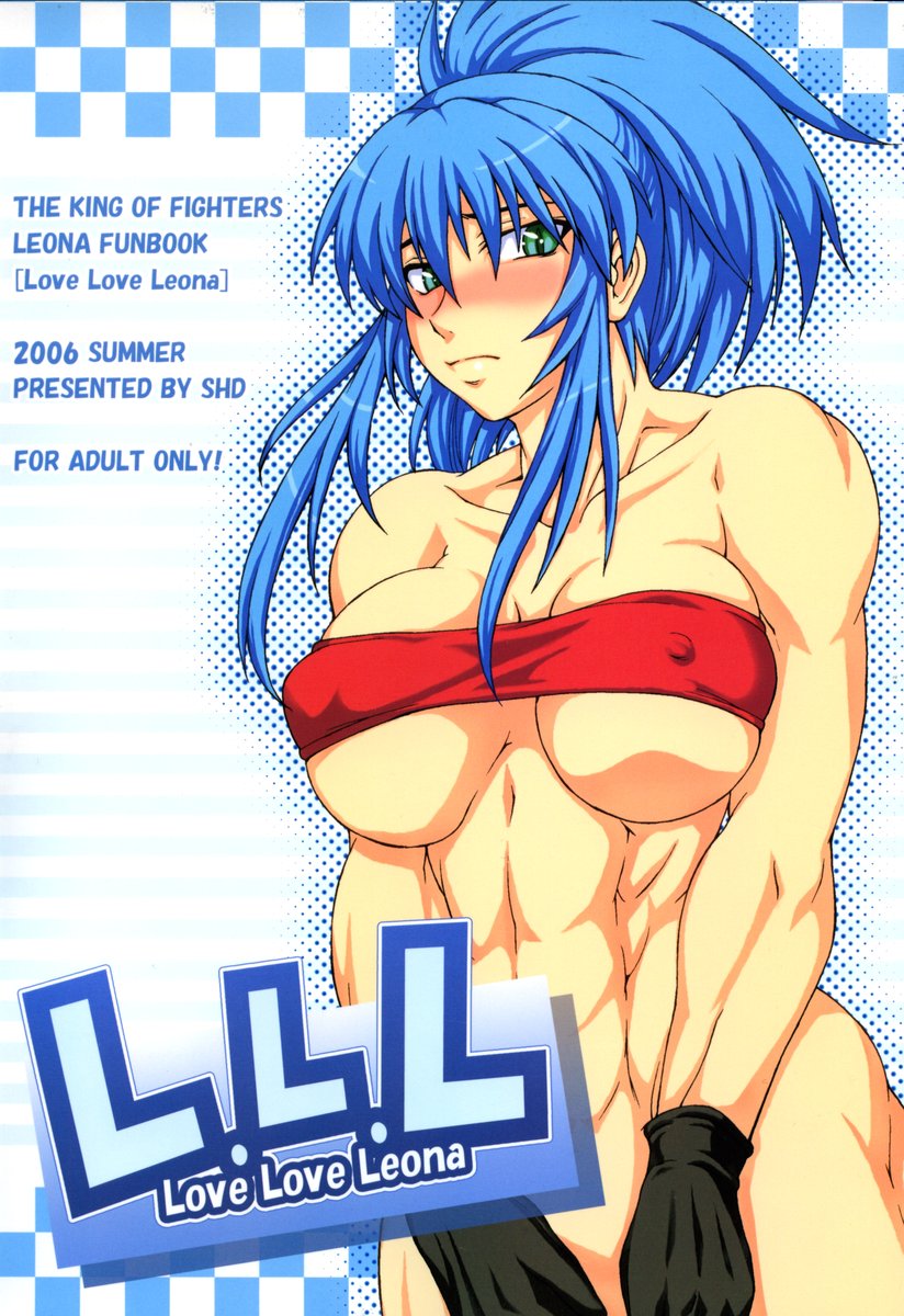 abs bandeau blue_hair blush bottomless breasts buchou_chinke cover covered_nipples doujinshi gloves green_eyes highres large_breasts leona_heidern muscle ponytail snk solo strapless the_king_of_fighters underboob