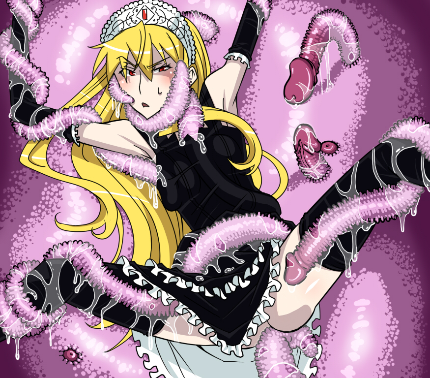 armpit armpits arms_up black_dress black_legwear black_thighhighs blonde_hair breasts dress female hime_(kaibutsu_oujo) hinoki kaibutsu_oujo lilianne long_hair looking_at_viewer red_eyes restrained solo spread_legs tentacle tentacles thighhighs tiara