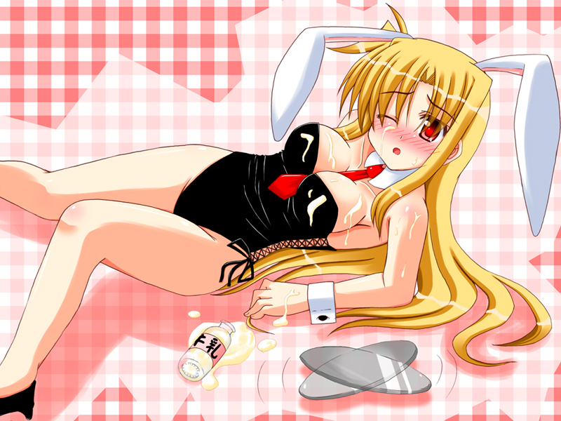 animal_ears bare_legs between_breasts blonde_hair blush breasts bunny_ears bunnysuit cleavage fake_animal_ears fate_testarossa large_breasts lask long_hair lyrical_nanoha mahou_shoujo_lyrical_nanoha_strikers milk red_eyes sexually_suggestive solo spill suggestive_fluid very_long_hair
