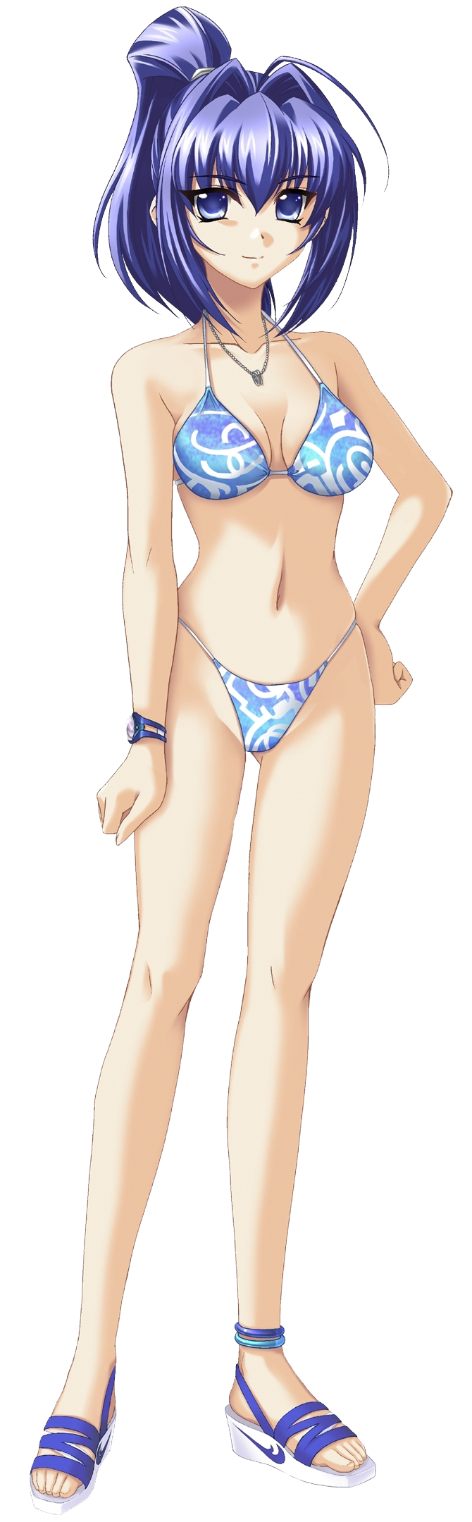 anklet artist_request bikini blue_eyes blue_hair breasts cleavage hayase_mitsuki highres jewelry kimi_ga_nozomu_eien medium_breasts muvluv muvluv_altered_fable navel necklace ponytail sandals skindentation solo source_request swimsuit transparent_background