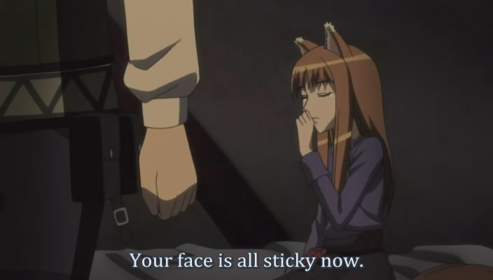 1girl craft_lawrence fansub holo screencap sexually_suggestive spice_and_wolf subtitled warped_context