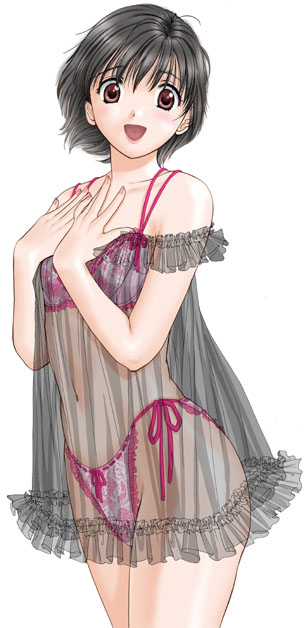 black_hair brown_eyes lingerie nightgown open_mouth tagme transparent_clothing