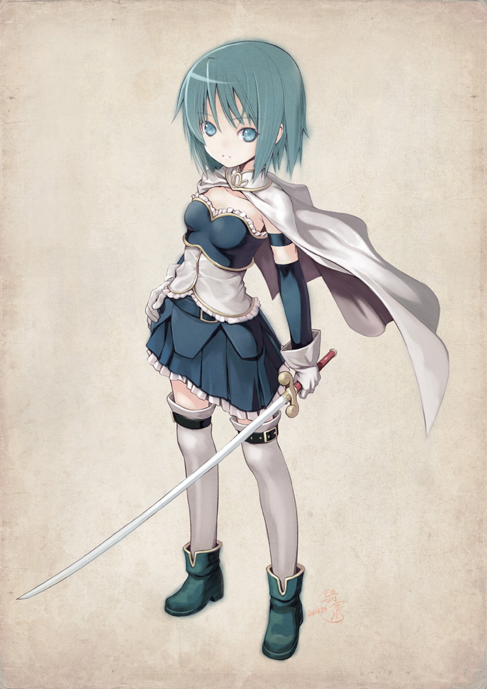 ankle_boots arm_at_side armband bad_id bad_pixiv_id bangs beige_background belt blue_eyes blue_footwear blue_hair blue_skirt boots breasts cape corset detached_sleeves eyebrows_visible_through_hair full_body gloves hand_on_hip kiran left-handed looking_at_viewer mahou_shoujo_madoka_magica miki_sayaka miniskirt parted_lips short_hair signature skirt small_breasts solo standing strapless sword thigh_strap thighhighs unsheathed weapon white_cape white_gloves white_legwear