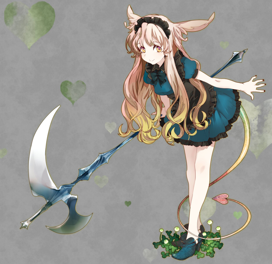 animal_ears dress gradient_hair headdress heart high_heels ie_(mochi) long_hair multicolored_hair orange_eyes original scythe shoes smile solo tail