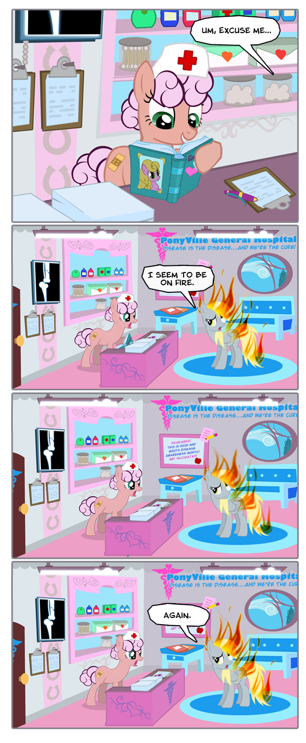 book burning comic cutie_mark derp_eyes derpy_hooves_(mlp) dialog duo english_text equine female feral fire flames friendship_is_magic fur grey_fur hair horse hospital mammal medic my_little_pony nurse open_mouth pegasus pixel_kitties pixelkitties pony text unknown_pony wings