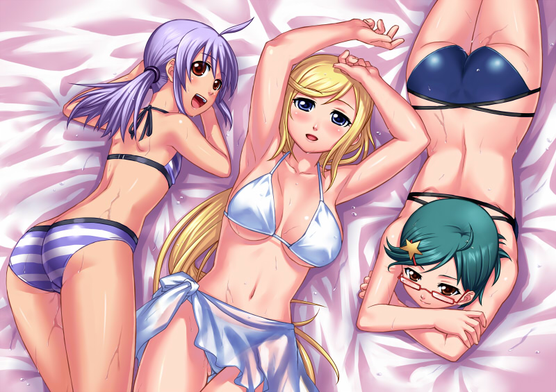 3girls aq_interactive arcana_heart arcana_heart_3 artist_request ass atlus bed bikini blonde_hair blue_eyes blush breasts brown_eyes character_request cleavage examu glasses green_hair lying misao_(kami_no_misoshiru) multiple_girls purple_hair red_eyes smile swimsuit