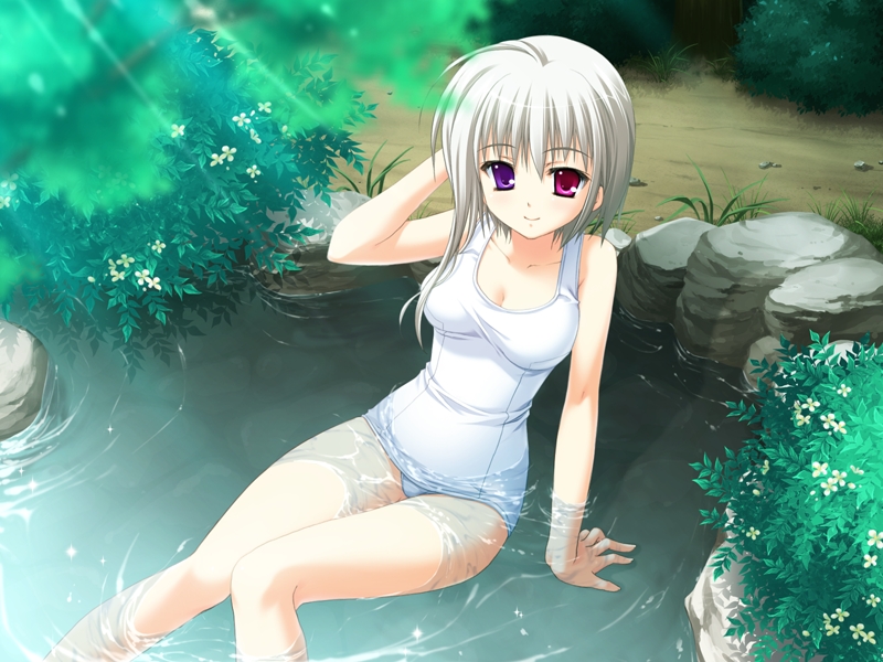 half_submerged heterochromia looking_at_viewer natsu_yume_nagisa onsen pool rocks rougi_maki swim_suit