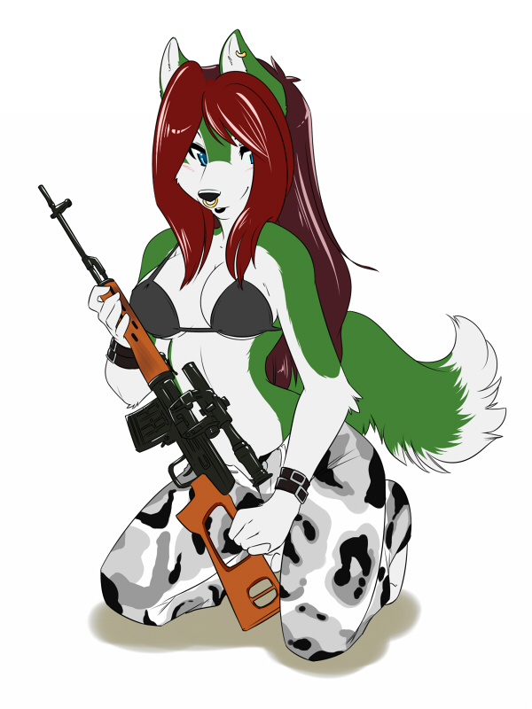 bikini blue_eyes breasts camo canine clothed clothing ear_piercing facial_piercing female gun hair jewelry kneeling mammal nose_piercing nose_ring piercing plain_background ranged_weapon red_hair skimpy sniper_rifle solo spazzykoneko swimsuit weapon white_background wolf