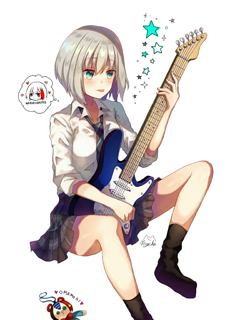 1girl aoba_moka bang_dream! bangs black_legwear commentary_request electric_guitar eyebrows_visible_through_hair green_eyes grey_hair guitar instrument nail necktie no_shoes nyacha_(tya_n_ya) pleated_skirt school_uniform shirt short_hair simple_background sitting skirt socks solo star striped striped_neckwear thought_bubble white_background white_shirt