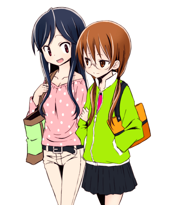 a_channel arm_holding bad_id bad_pixiv_id bag bare_shoulders belt black_hair brown_eyes brown_hair casual collarbone glasses hand_in_pocket jacket long_hair multiple_girls nishi_yuuko open_mouth pants pleated_skirt polka_dot saiko_dagashi simple_background skirt smile tennouji_nagisa thigh_gap tsurime twintails zipper