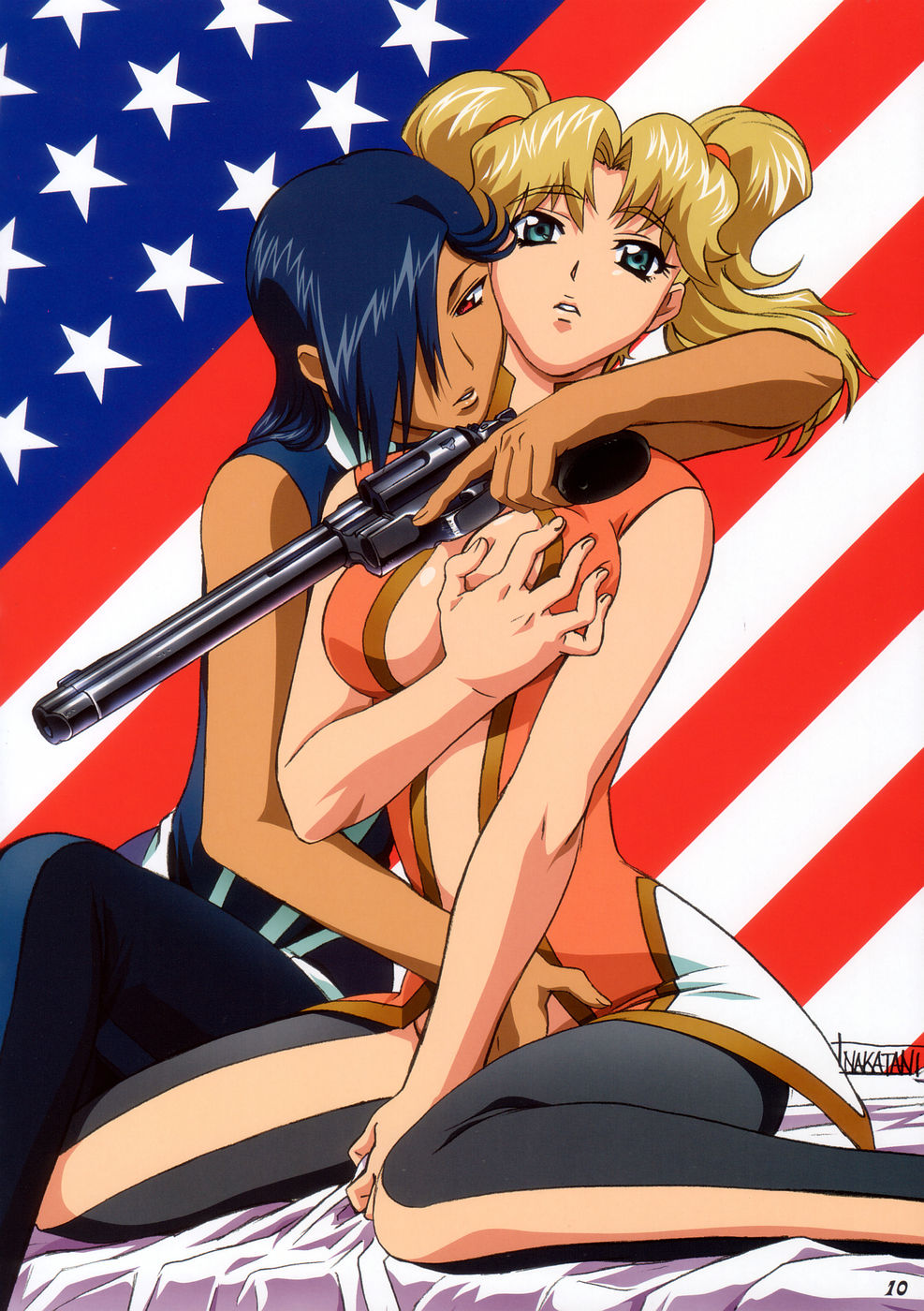 2girls american american_flag cleavage fingering grope gun pistol poorly_tagged tagme yuri