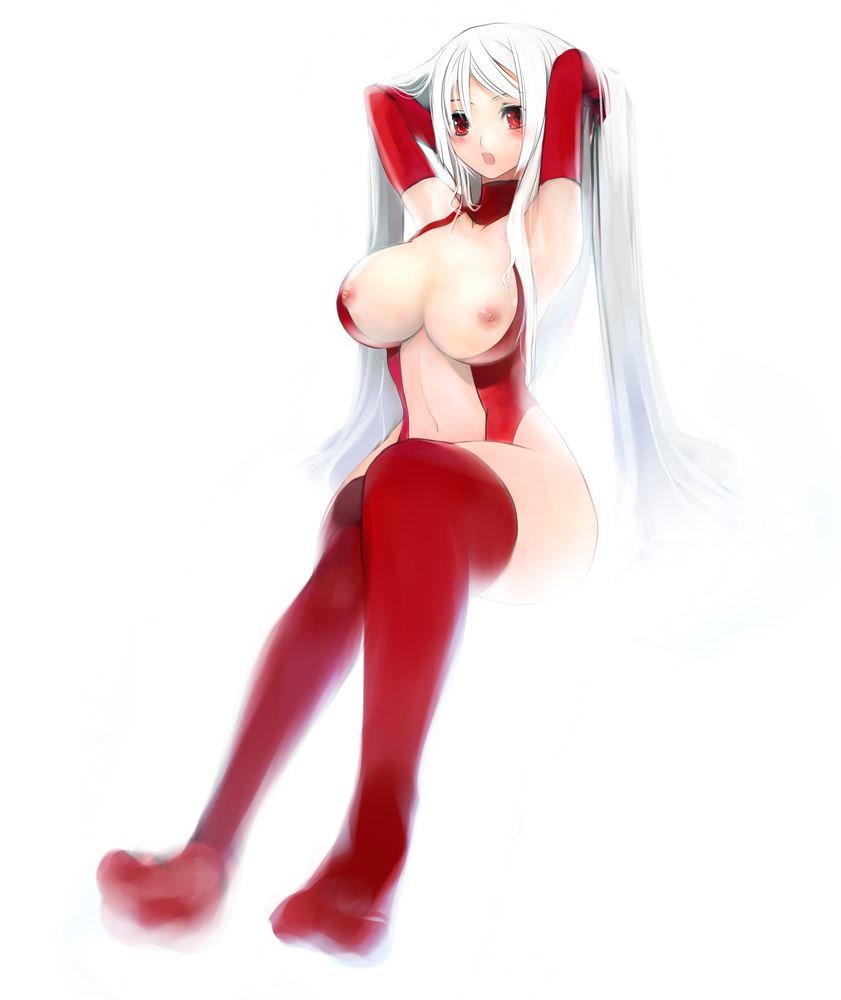 albino breasts copyright_request curvy large_breasts long_hair navel nipples pupps red_eyes sitting solo thighhighs white_hair