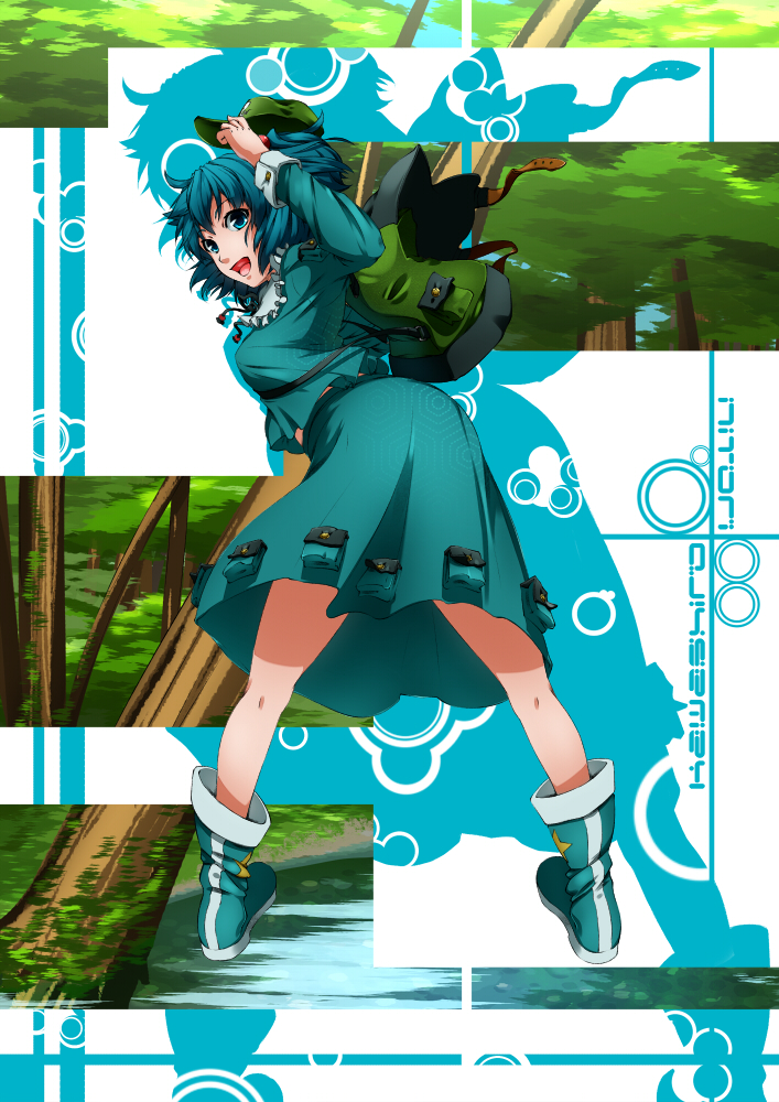 backpack bag bent_over blue_eyes blue_hair boots from_behind hat hullzion kawashiro_nitori legs looking_back open_mouth skirt solo touhou tree water